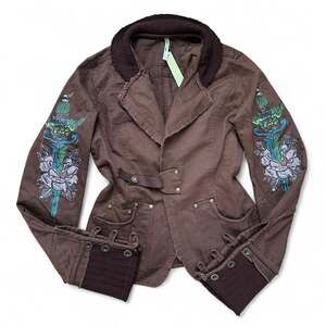 Y2K Romana USA Brown Utility Jacket with Tattoo Print Rose & Dagger Graphics, Si